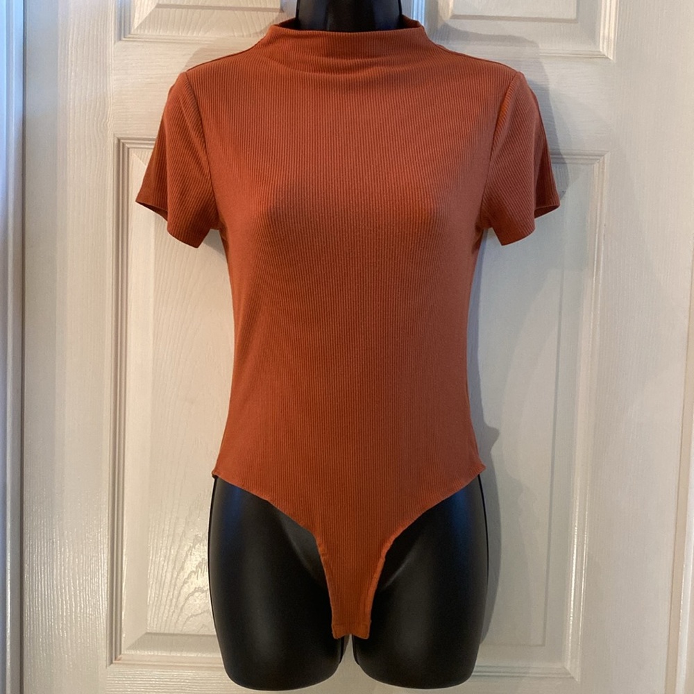 Belle Du Jour Orange Asymmetrical Bodysuit with Mandarin Collar